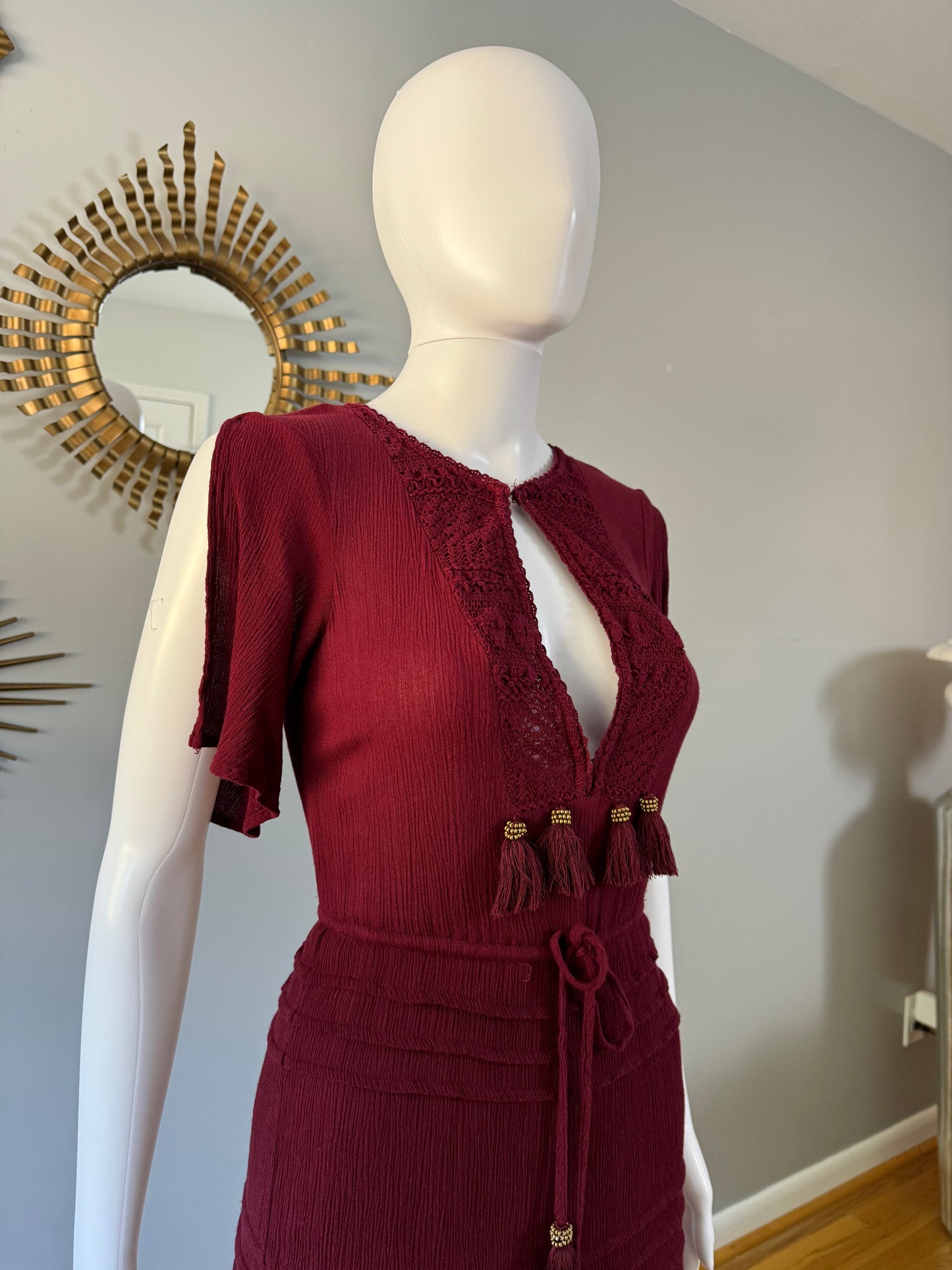 Lulu’s - Burgundy Santa Fe Sway Crochet Maxi Dress