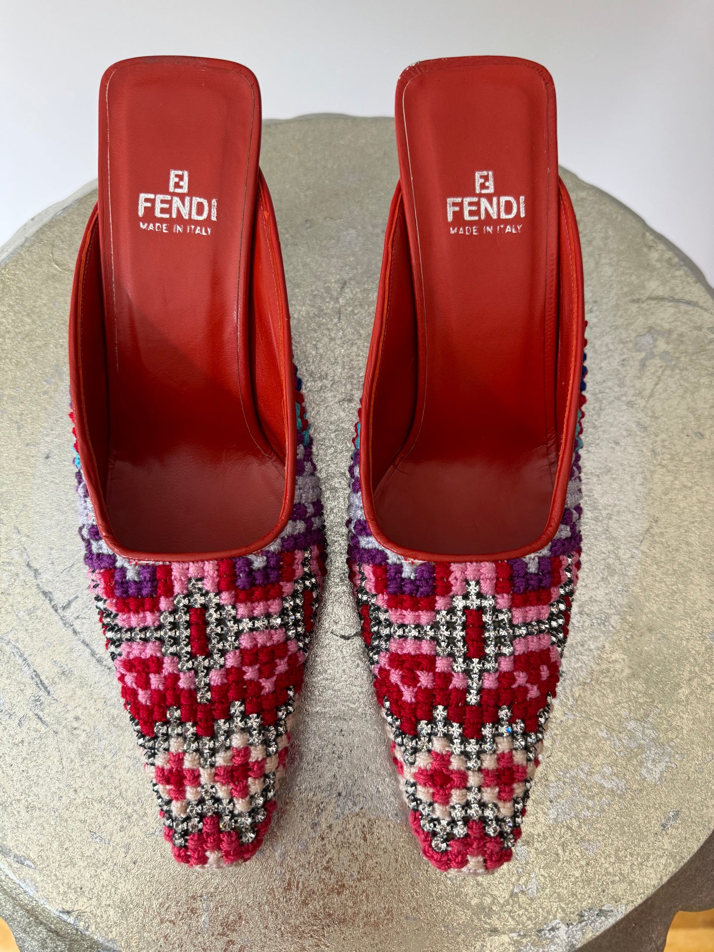 FENDI - Red Embroidered Leather Mules With Rhinestones