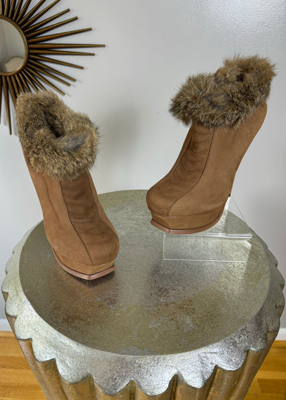 YSL - Tan Tribute Suede Booties With Fur Cuff