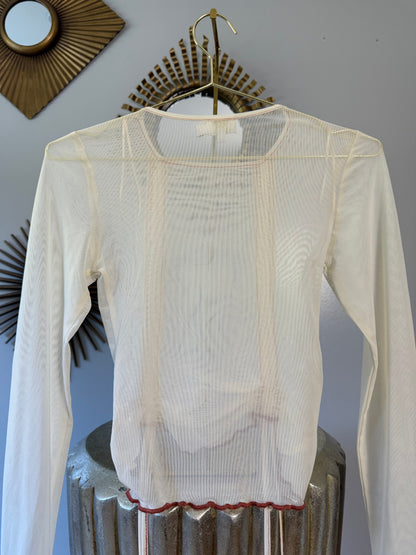 ZYA - Cream Mesh Long Ruffle Sleeve Blouse