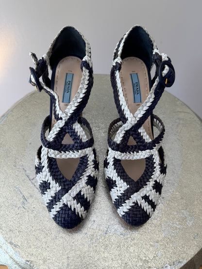 PRADA - White & Blue Spring 2011 Woven Pumps