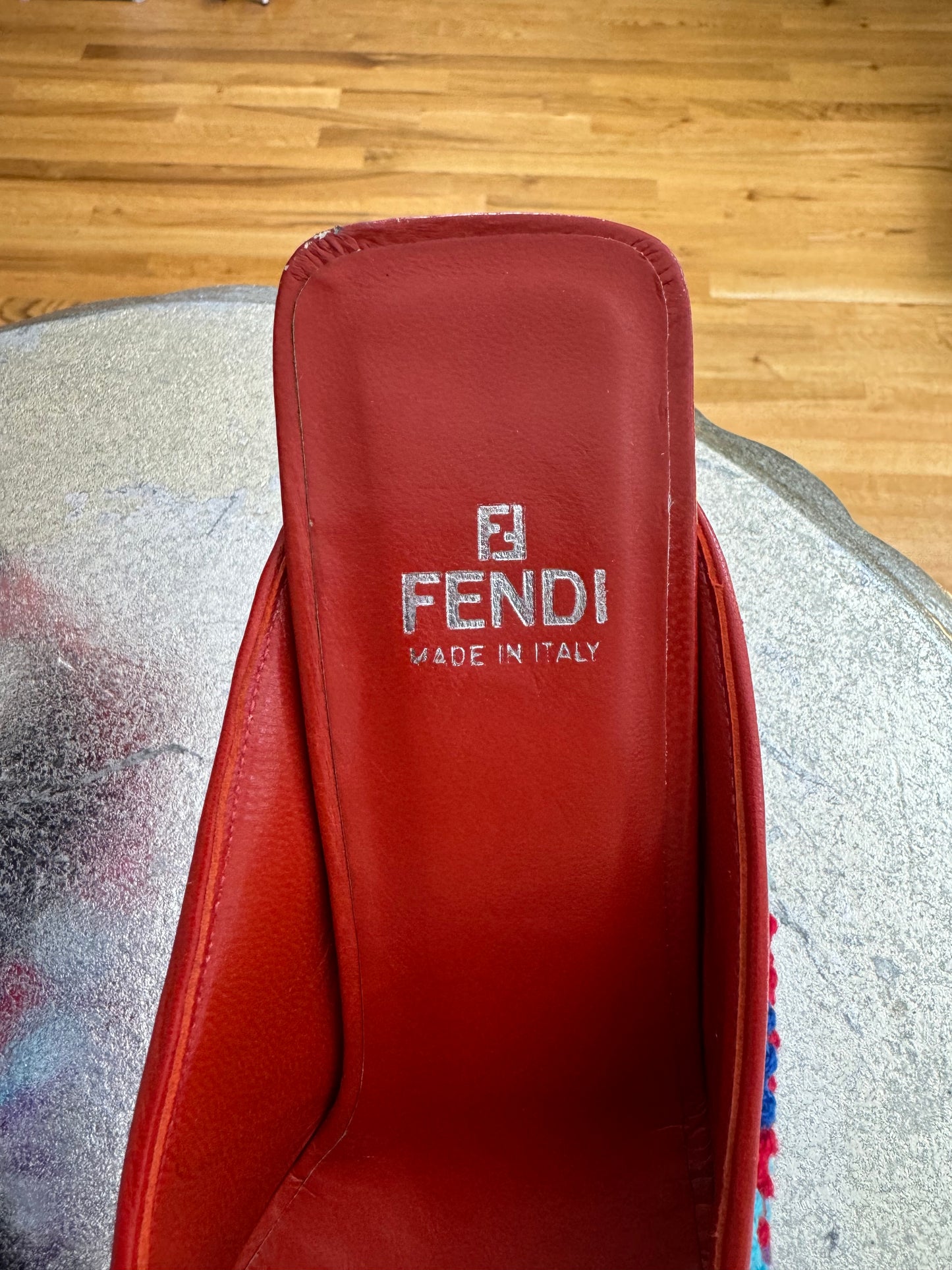 FENDI - Red Embroidered Leather Mules With Rhinestones