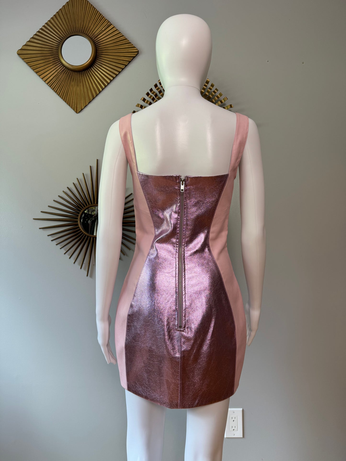 H:ours - Pink Faux Leather Mini Dress W/ Metallic Panels