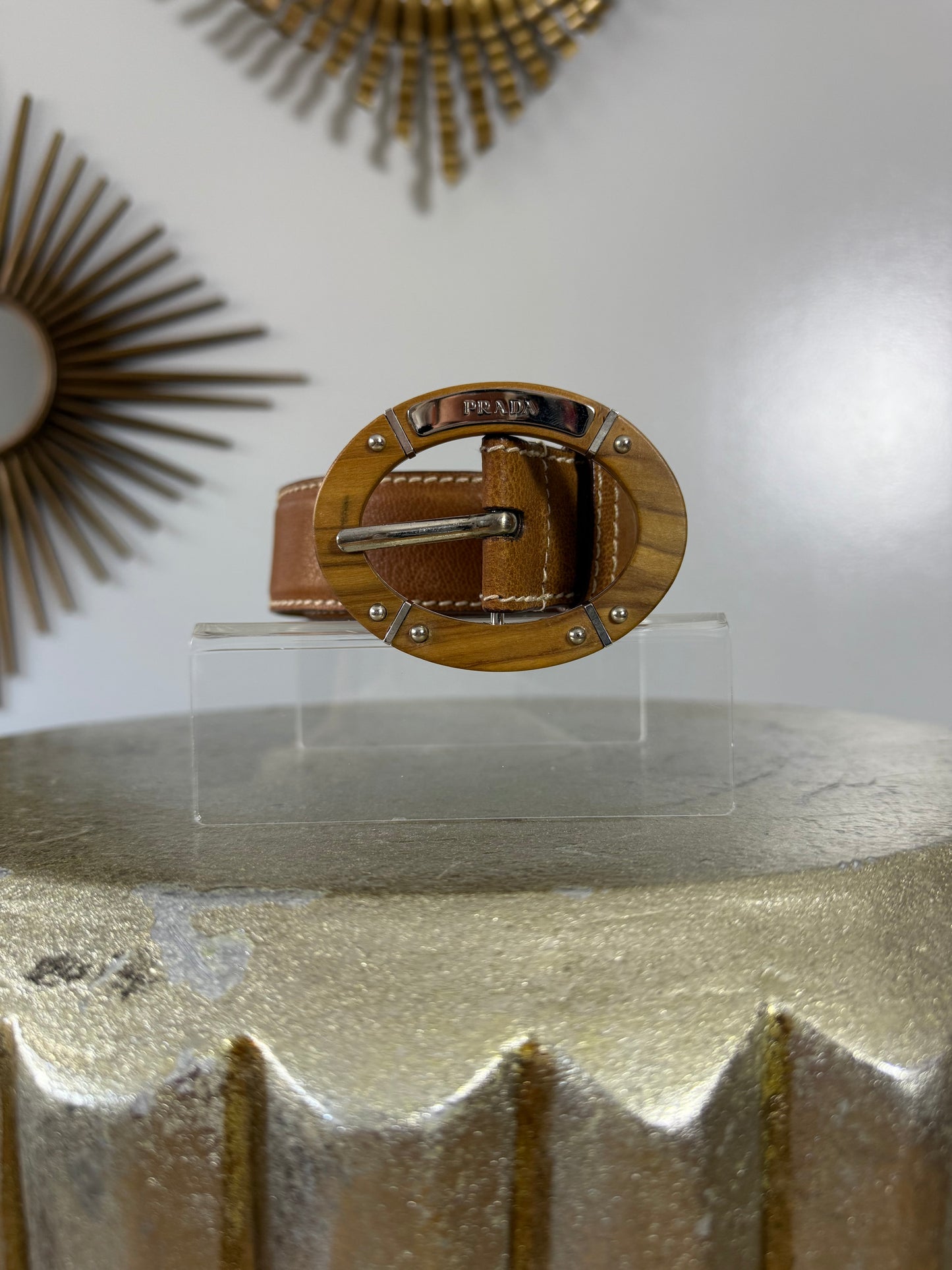 Prada - Vintage Tan Leather Belt w/ Wooden Buckle