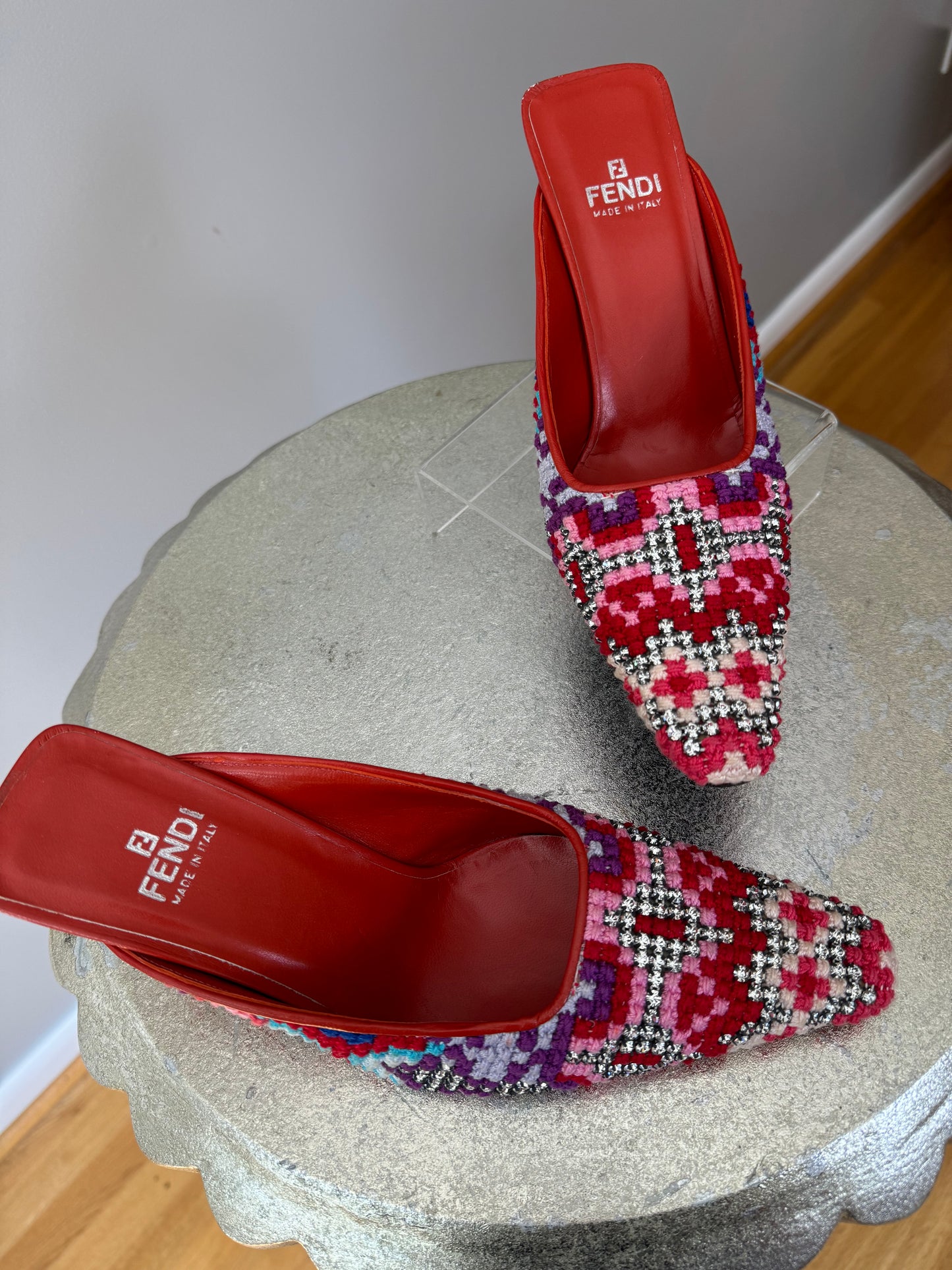 FENDI - Red Embroidered Leather Mules With Rhinestones