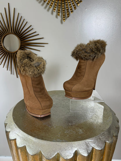 YSL - Tan Tribute Suede Booties With Fur Cuff