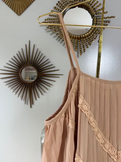 The Cove - Tan Pleated Top w/ Crochet Details