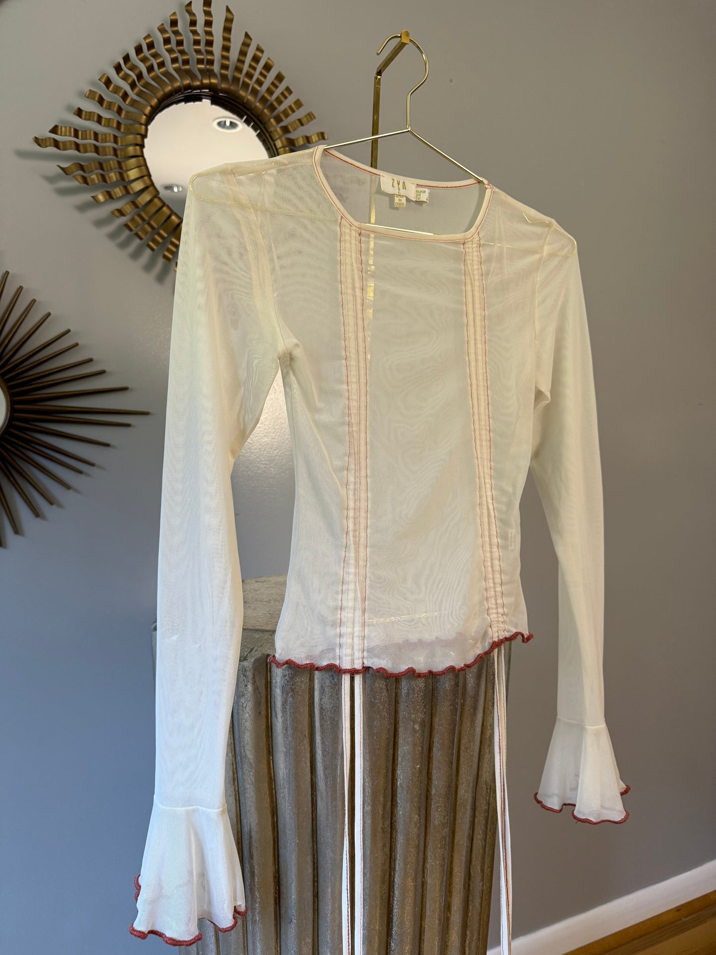 ZYA - Cream Mesh Long Ruffle Sleeve Blouse