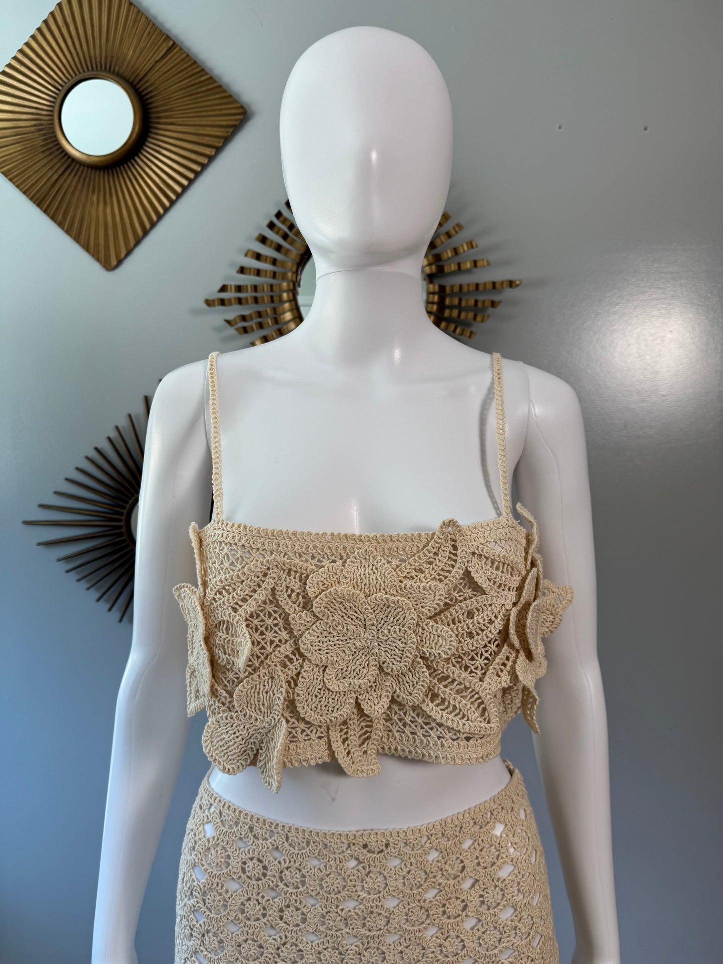 ZARA - Beige Flower Crochet Top & Skirt Set