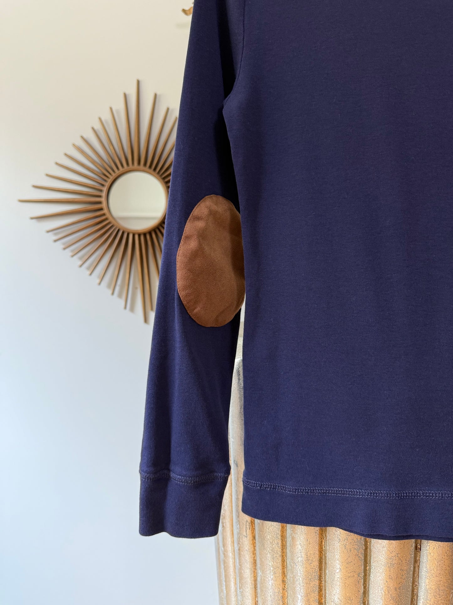 Ralph Lauren - Blue Top w/ Tan Zipper Detail & Elbow Patches