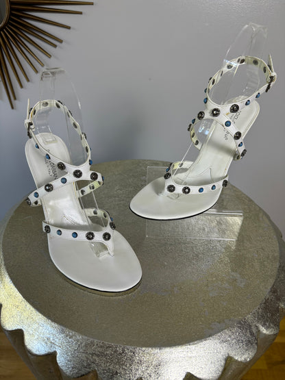 Dolce & Gabbana - White Leather Wedge Sandal With Silver Embellishment