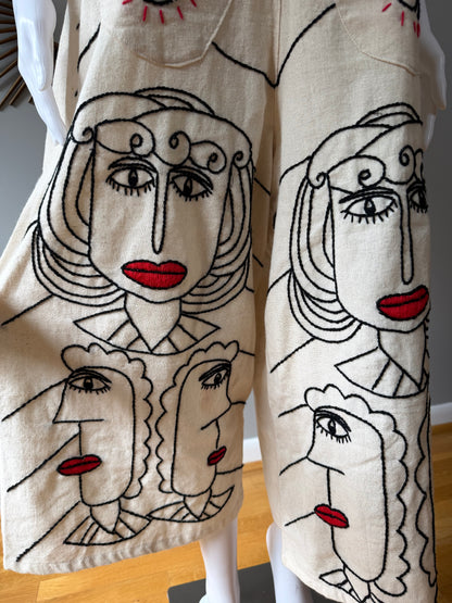 Beige Madame Red Hand Embroidered Overalls