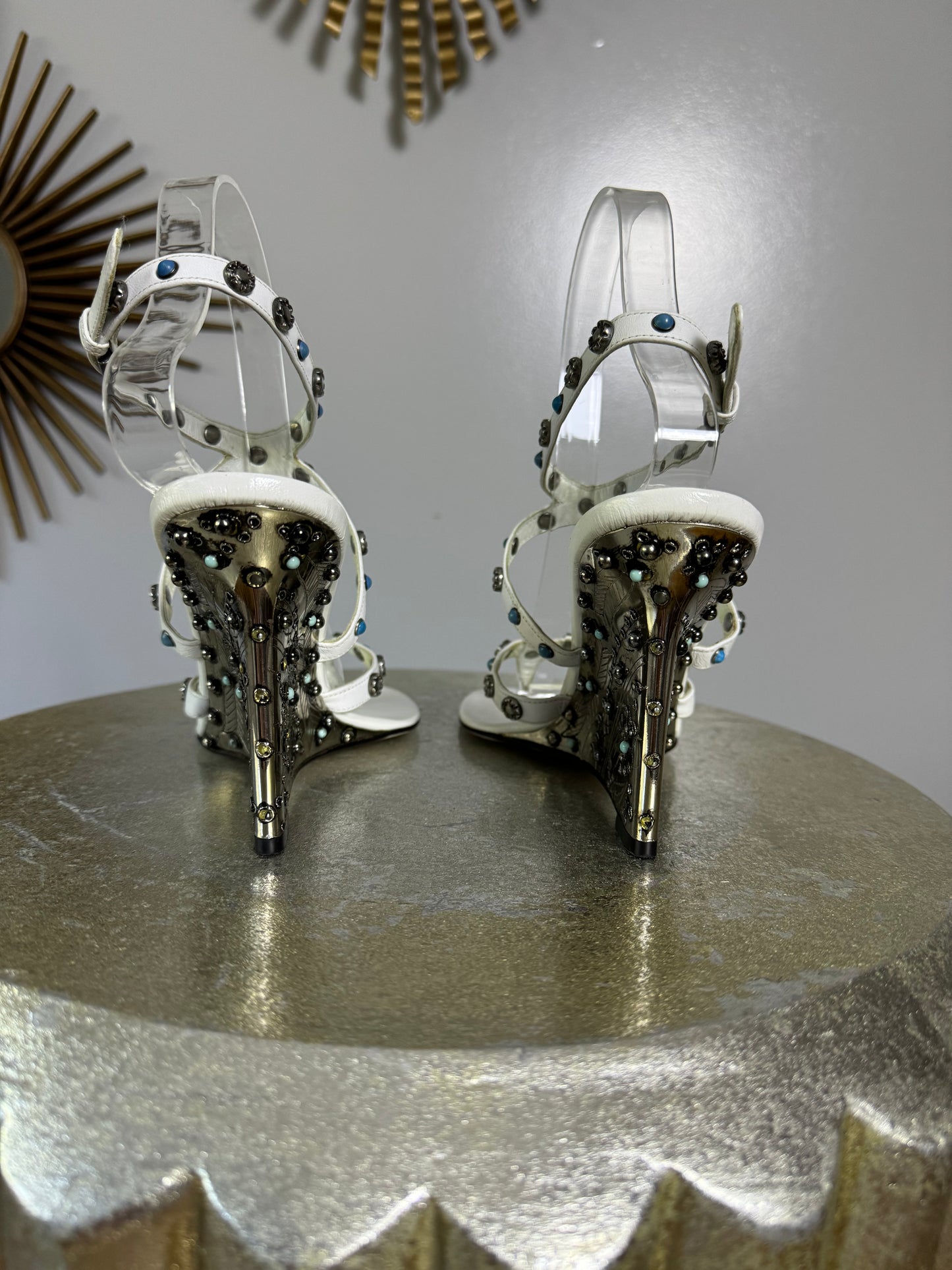 Dolce & Gabbana - White Leather Wedge Sandal With Silver Embellishment