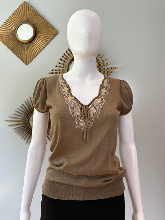 Elie Tahari - Brown Crochet Neck Top
