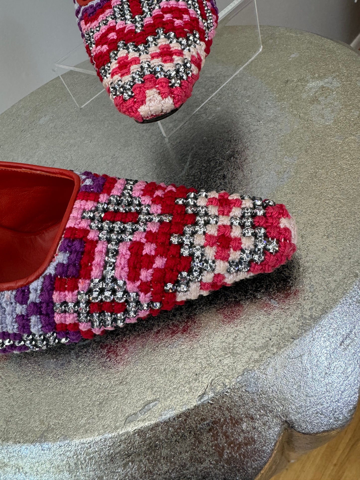 FENDI - Red Embroidered Leather Mules With Rhinestones