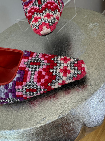 FENDI - Red Embroidered Leather Mules With Rhinestones