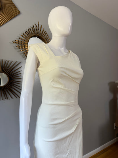 Off White Asymmetrical Shoulder Midi Dress