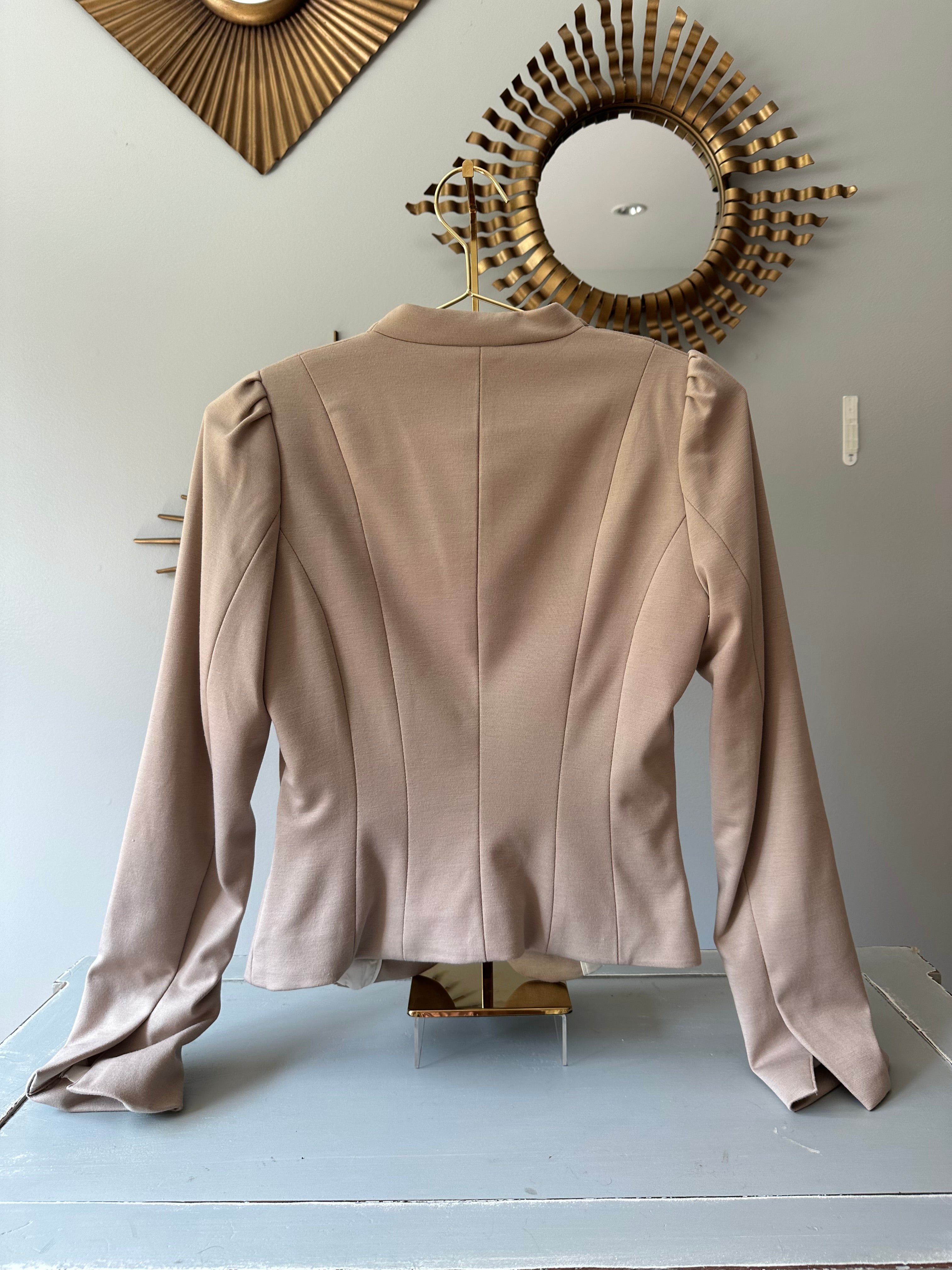 H M Tan Peplum Blazer w Gold Buttons Chic Couture Closet ATL