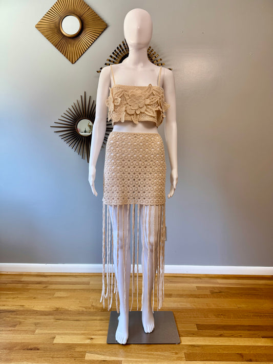 ZARA - Beige Flower Crochet Top & Skirt Set