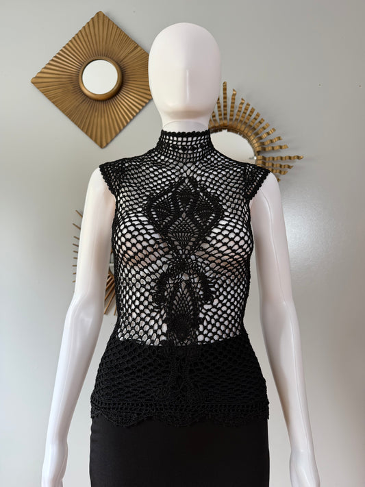The Limited - Black Vintage Crochet Mock Neck Top