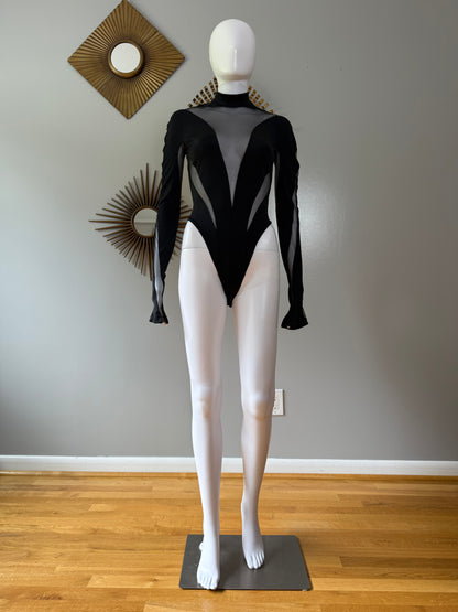 Mugler x H&M - Black Mesh Paneled Stirrup Bodysuit/Leggins Set