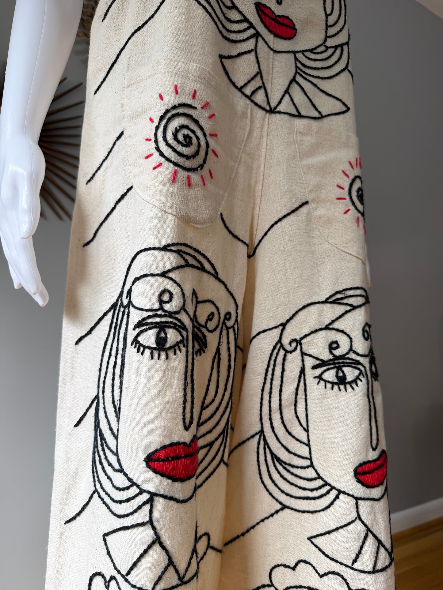 Beige Madame Red Hand Embroidered Overalls