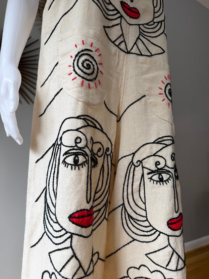 Beige Madame Red Hand Embroidered Overalls