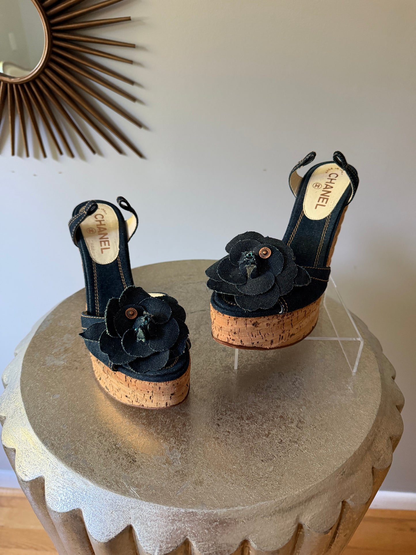 CHANEL - Blue Denim Camellia Cork Platform Slingback Wedges