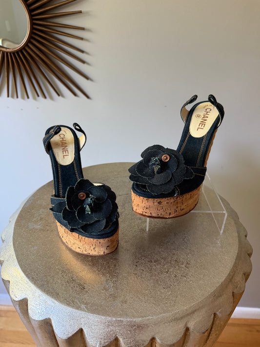 CHANEL - Blue Denim Camellia Cork Platform Slingback Wedges