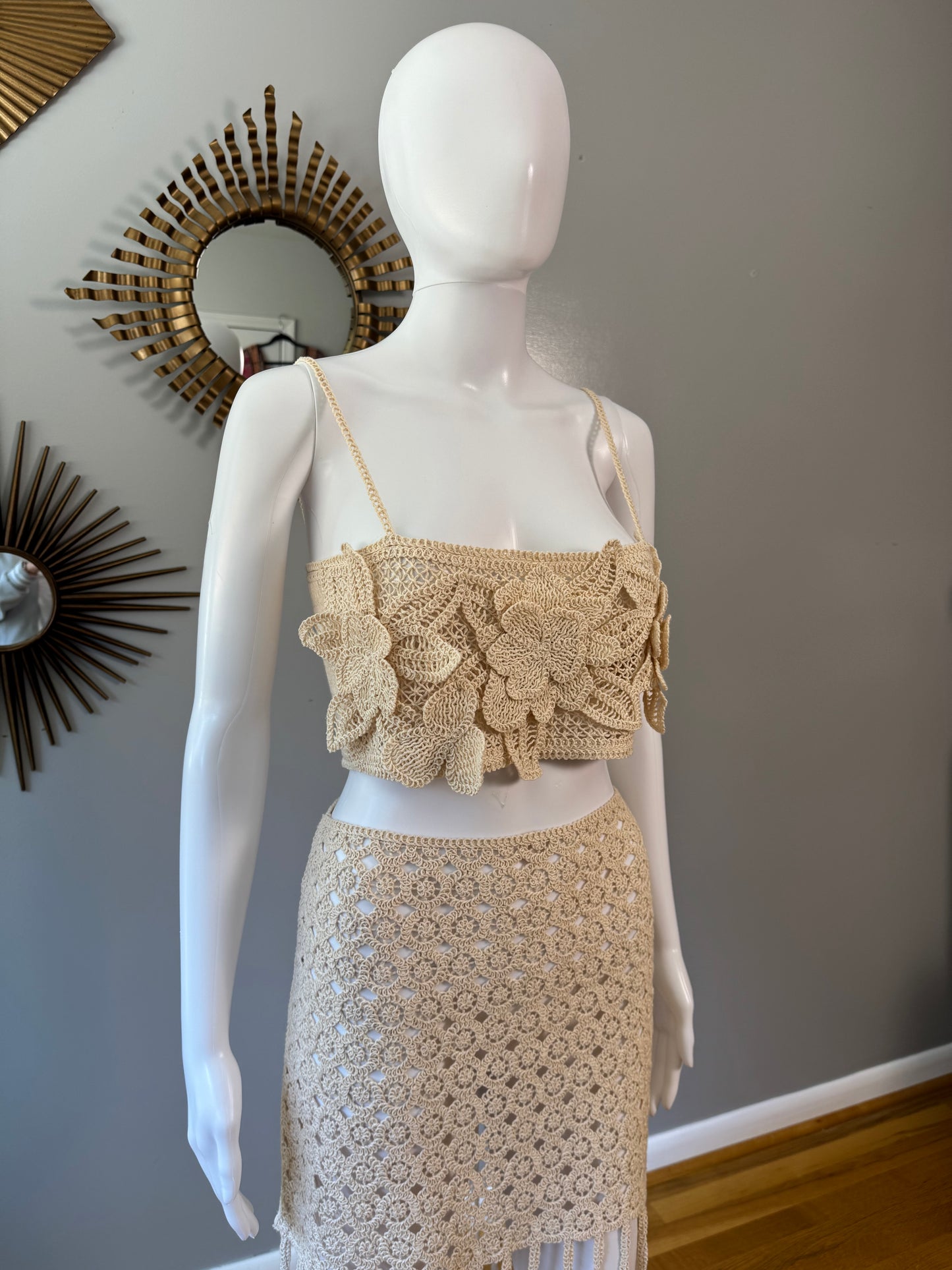 ZARA - Beige Flower Crochet Top & Skirt Set