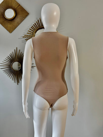 Tan Deep V Bodysuit w/ Front Knot Detail