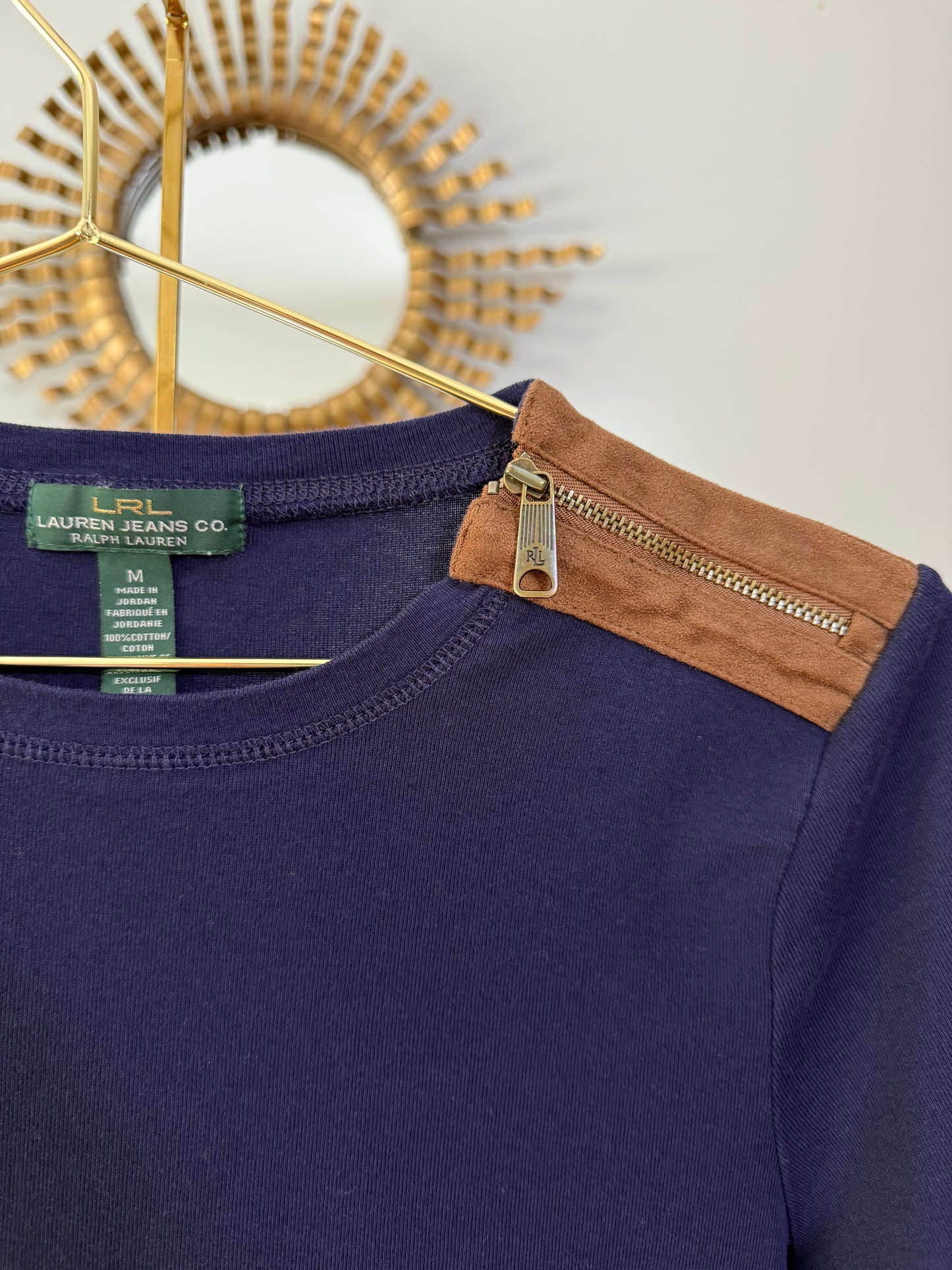 Ralph Lauren - Blue Top w/ Tan Zipper Detail & Elbow Patches