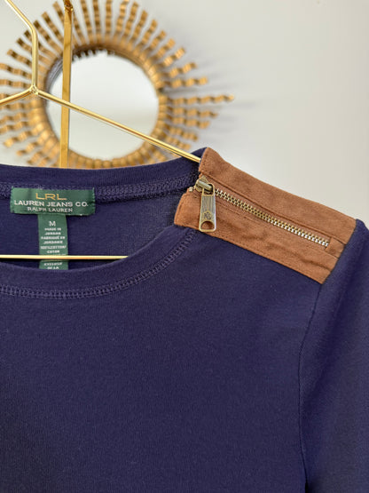 Ralph Lauren - Blue Top w/ Tan Zipper Detail & Elbow Patches