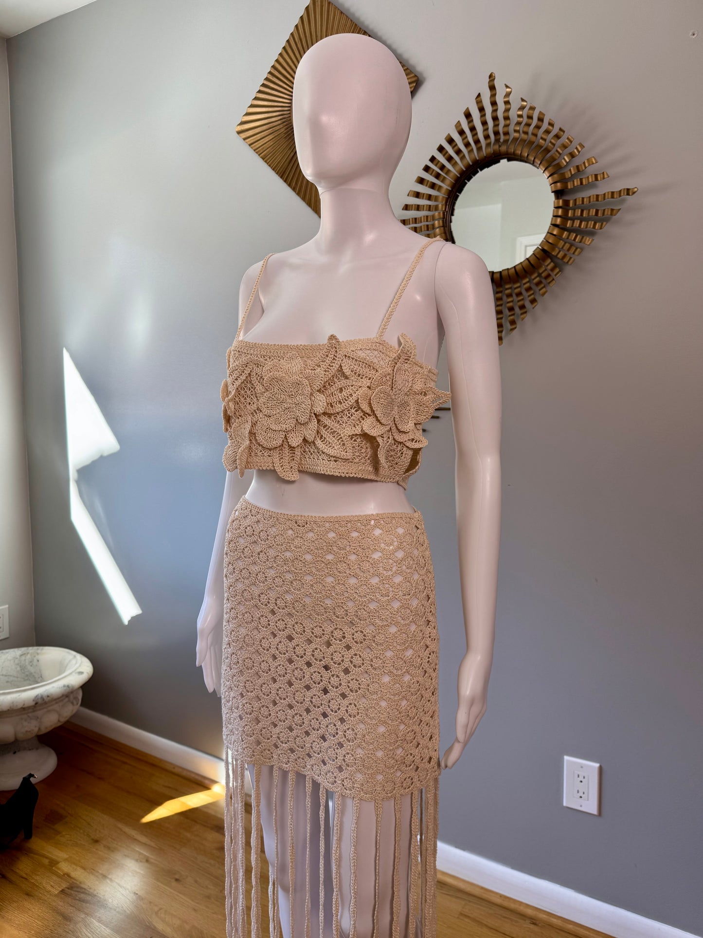 ZARA - Beige Flower Crochet Top & Skirt Set