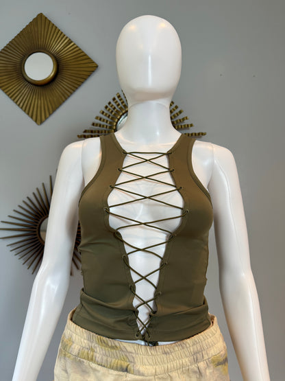 Miaou - Green Moss Lace Up Tank Top