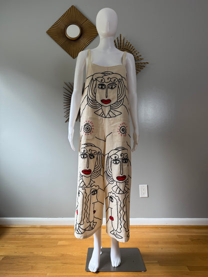 Beige Madame Red Hand Embroidered Overalls