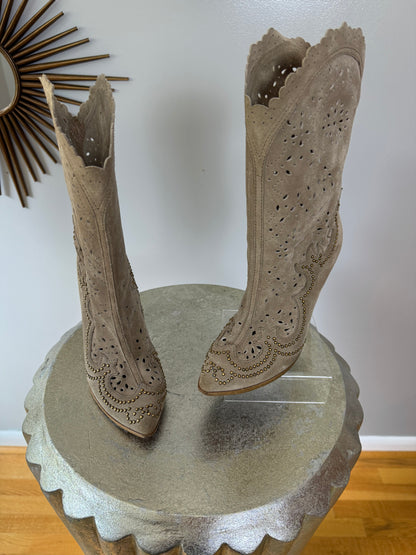 Dolce & Gabbana - Tan Laser Cut Suede Western Boots