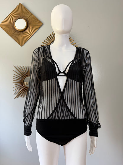 Superdown- Black Dila Sheer Striped Bodysuit