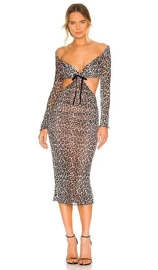 MAJORELLE - Off Shoulder Leopard Print Midi Dress