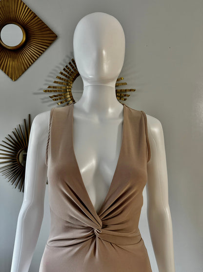 Tan Deep V Bodysuit w/ Front Knot Detail