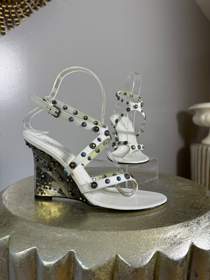 Dolce & Gabbana - White Leather Wedge Sandal With Silver Embellishment