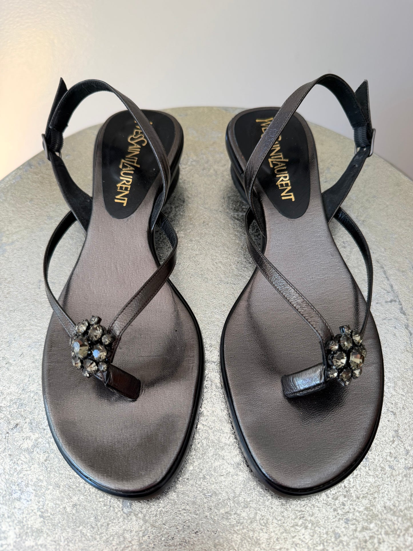 Yves Saint Laurent Black Jeweled T-Strap Slingback Sandals
