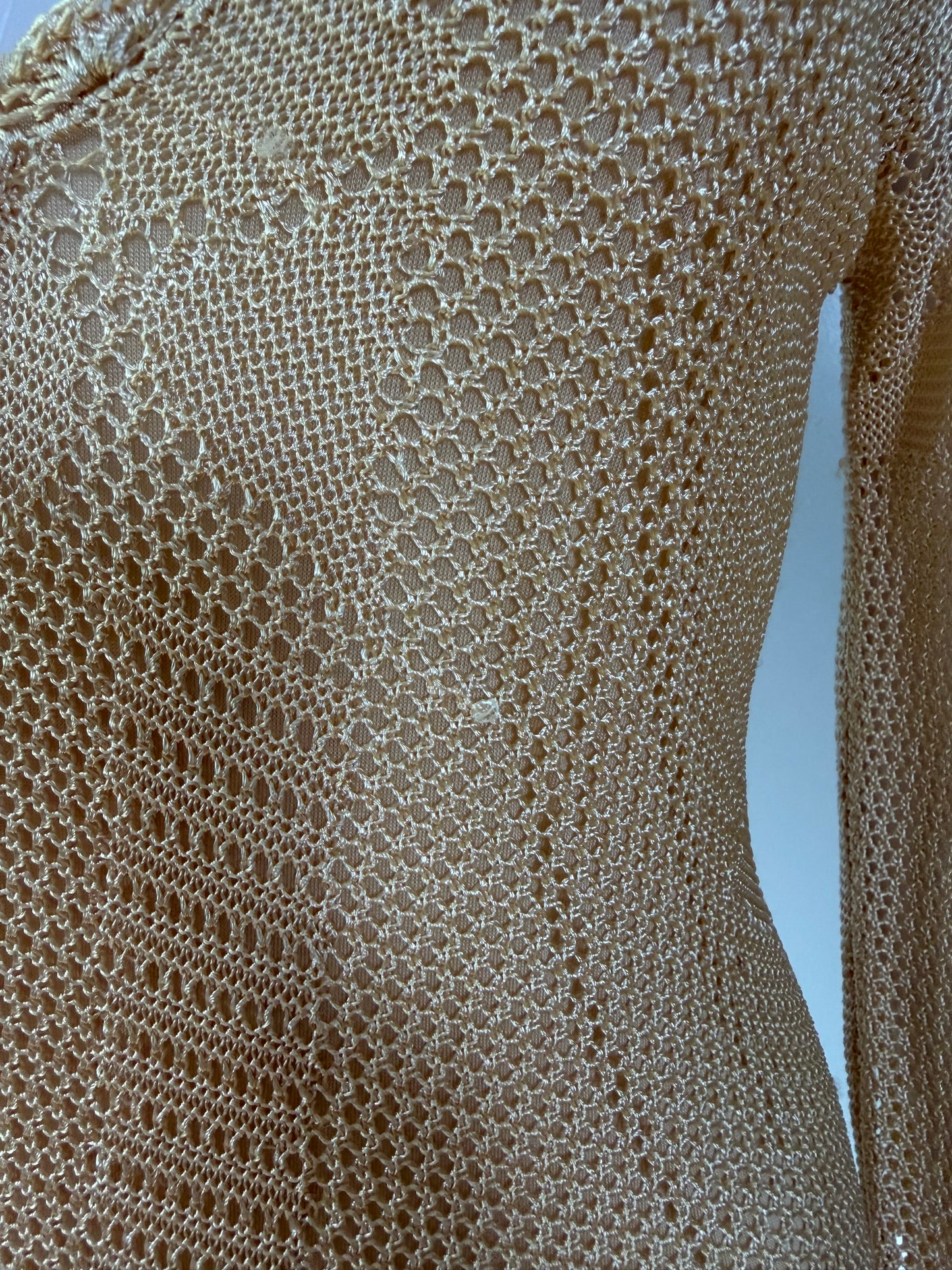 Free People Beige Crochet Maxi Dress – Boho Sexy Long Sleeve Slit Dress