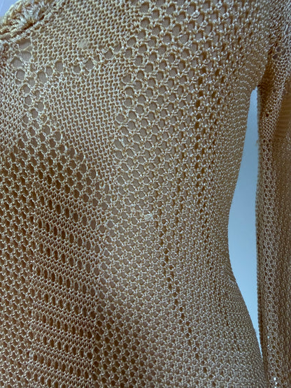 Free People Beige Crochet Maxi Dress – Boho Sexy Long Sleeve Slit Dress