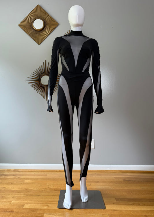 Mugler x H&M - Black Mesh Paneled Stirrup Bodysuit/Leggins Set