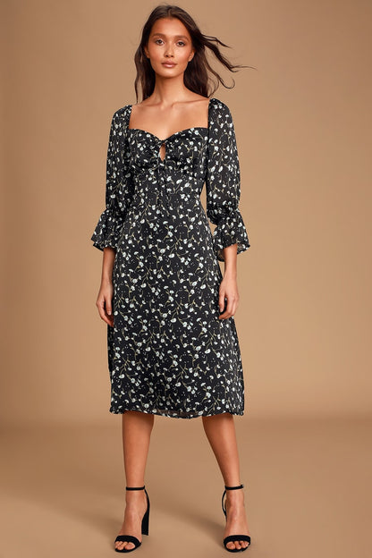 Lulu’s - Black Floral Print Midi Dress