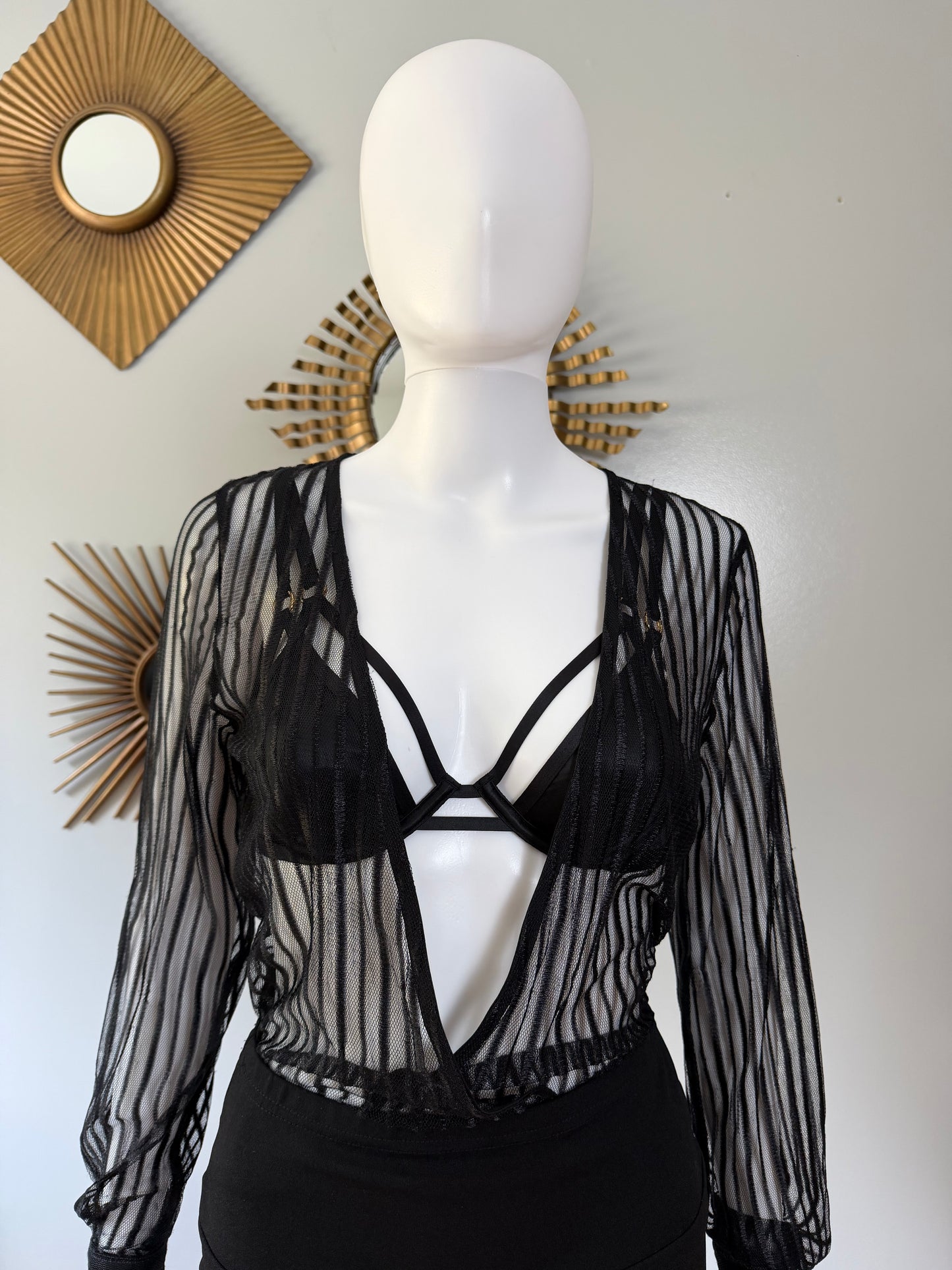 Superdown- Black Dila Sheer Striped Bodysuit