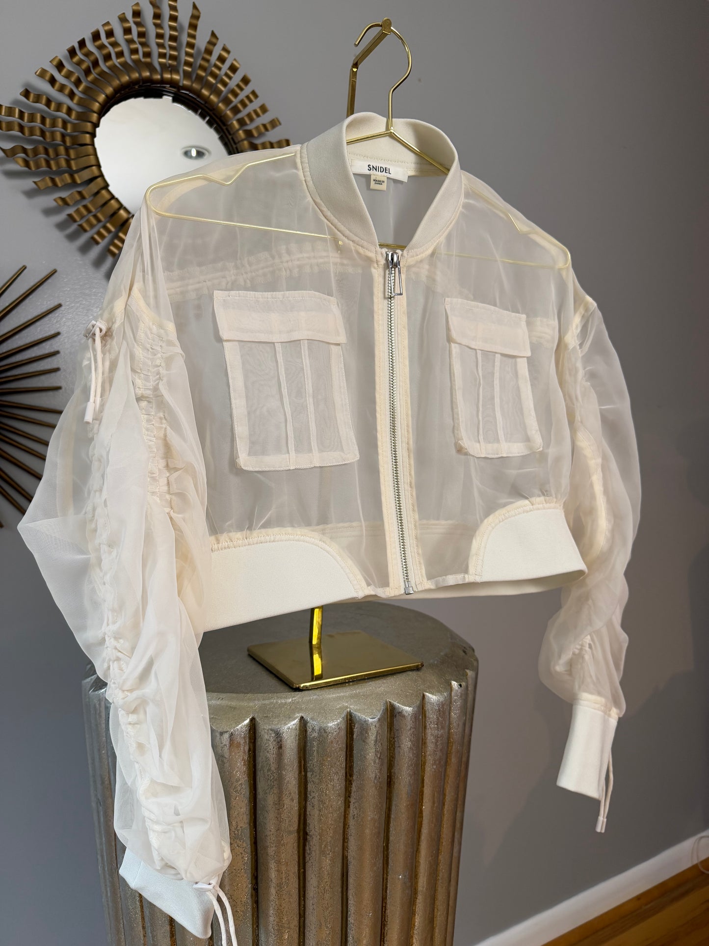 SNIDEL - Beige Sheer Cropped Bomber Jacket