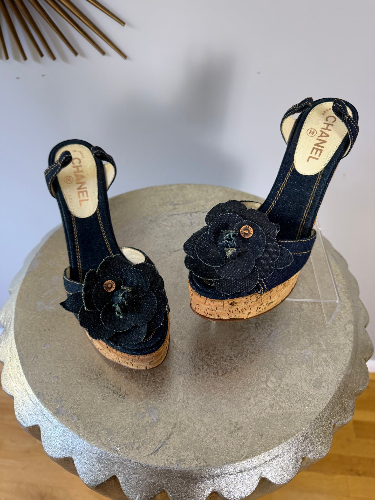 CHANEL - Blue Denim Camellia Cork Platform Slingback Wedges