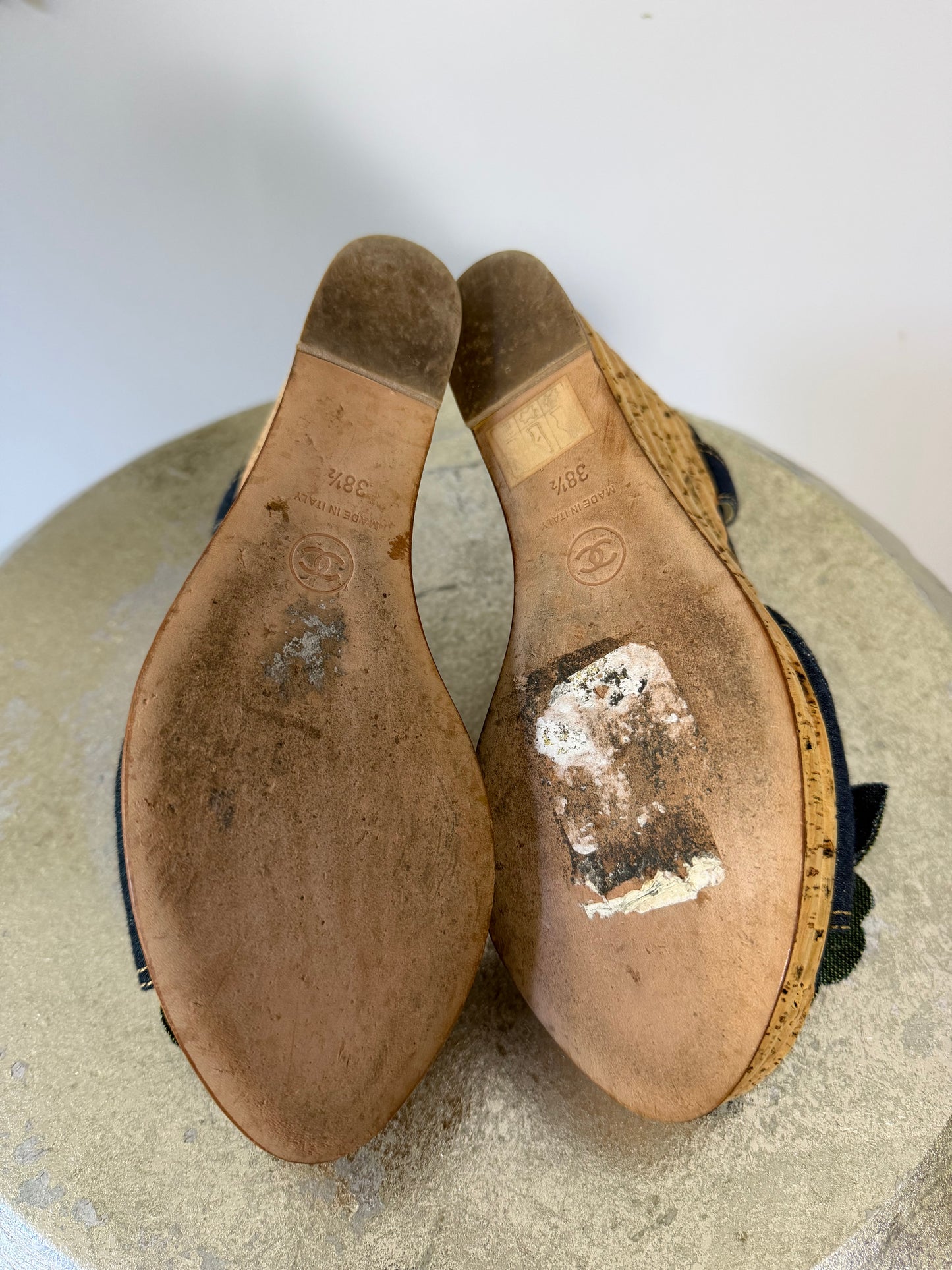 CHANEL - Blue Denim Camellia Cork Platform Slingback Wedges